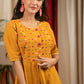 Mustard cotton dress with full front embroidery yoke