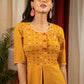 Mustard cotton dress with full front embroidery yoke