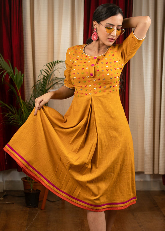 Mustard cotton dress with full front embroidery yoke