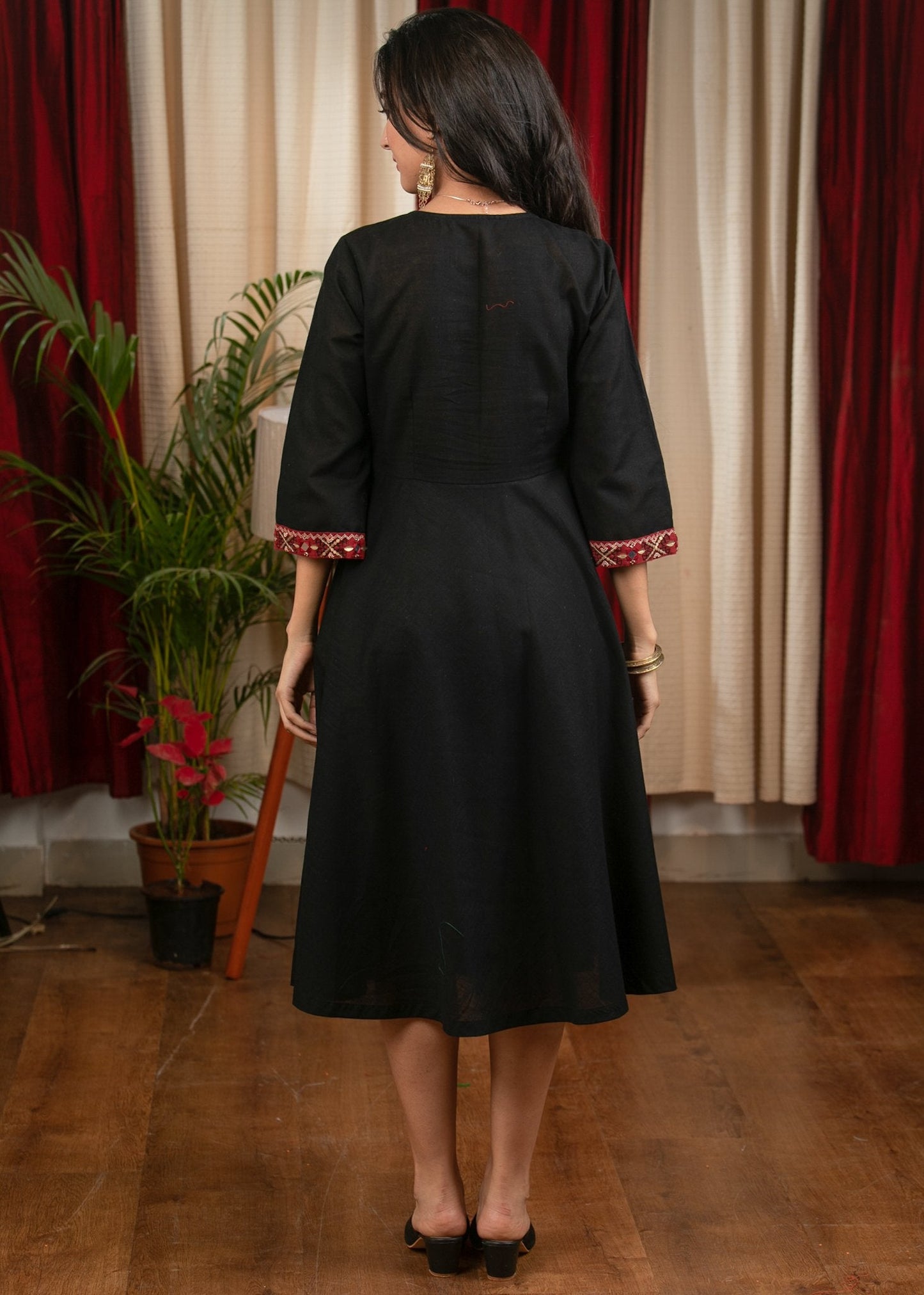 Black elegant cotton dress with hand embroidery & side tie ups