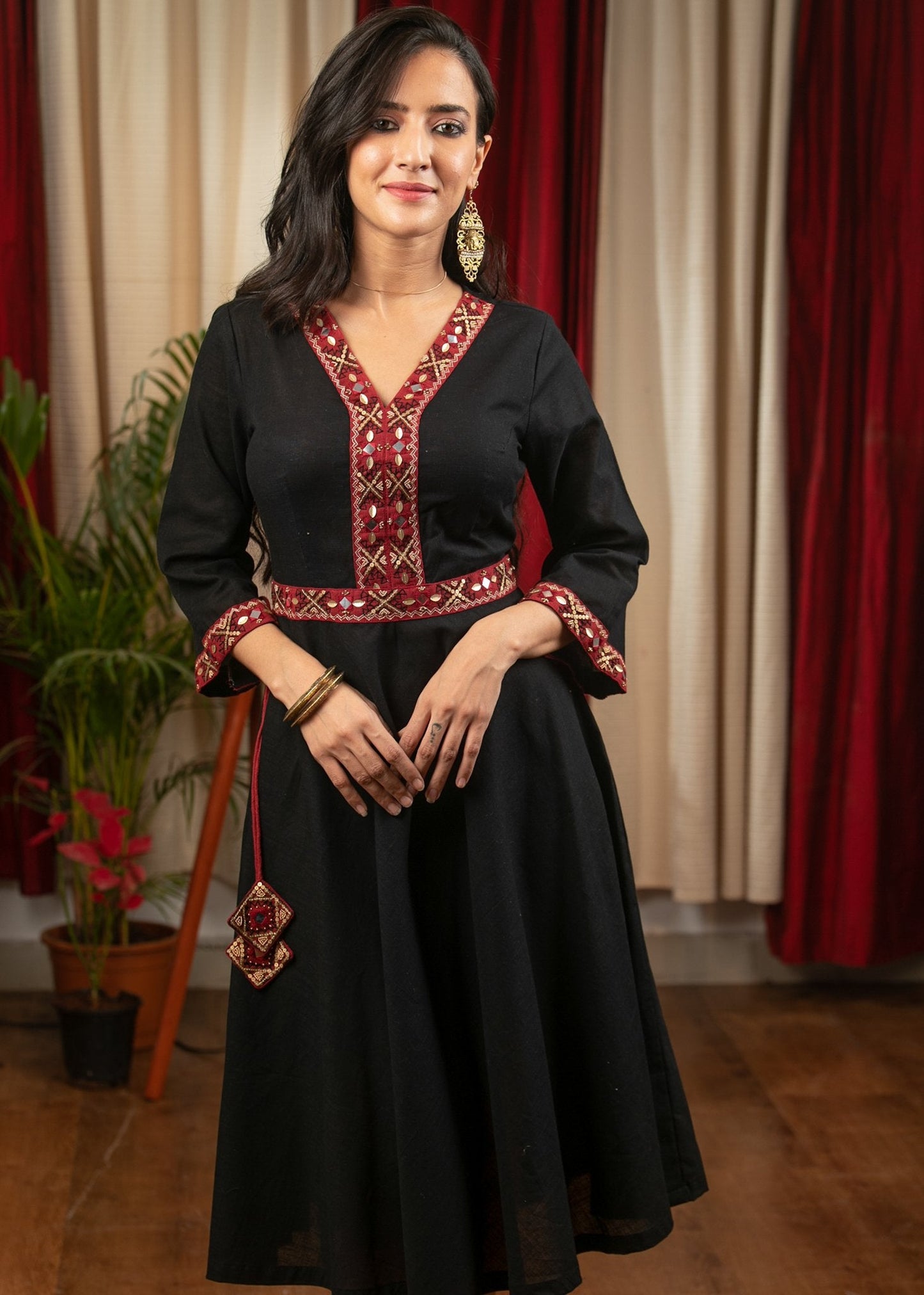 Black elegant cotton dress with hand embroidery & side tie ups