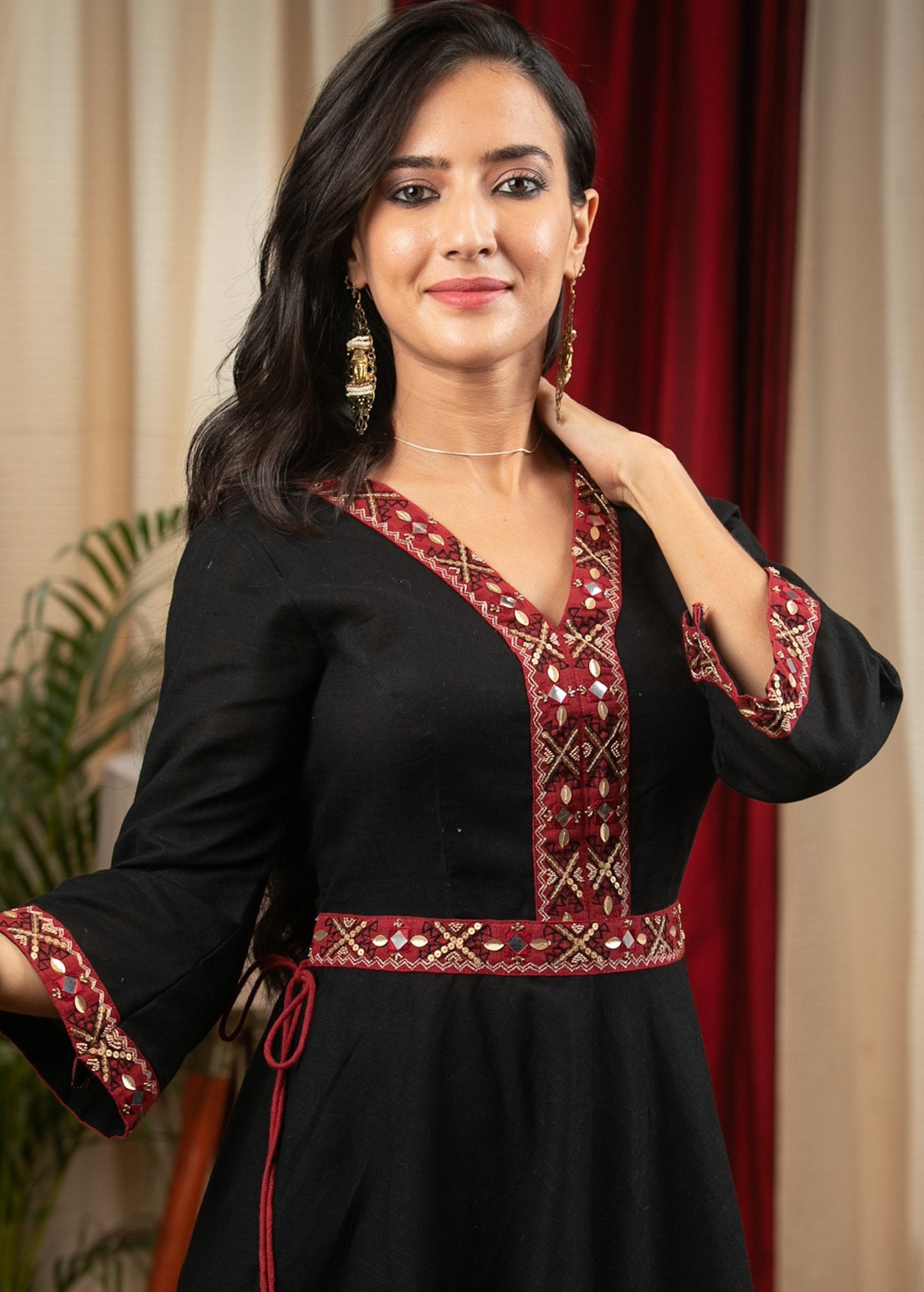 Black elegant cotton dress with hand embroidery & side tie ups