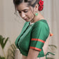 Green Cotton Silk Padded Blouse with open Back and Tassles