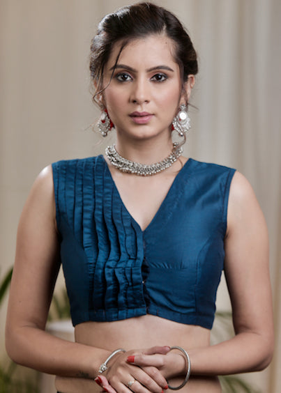Peacock  Blue Cotton silk Pin Tucked Designer Blouse