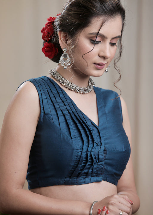 Peacock  Blue Cotton silk Pin Tucked Designer Blouse