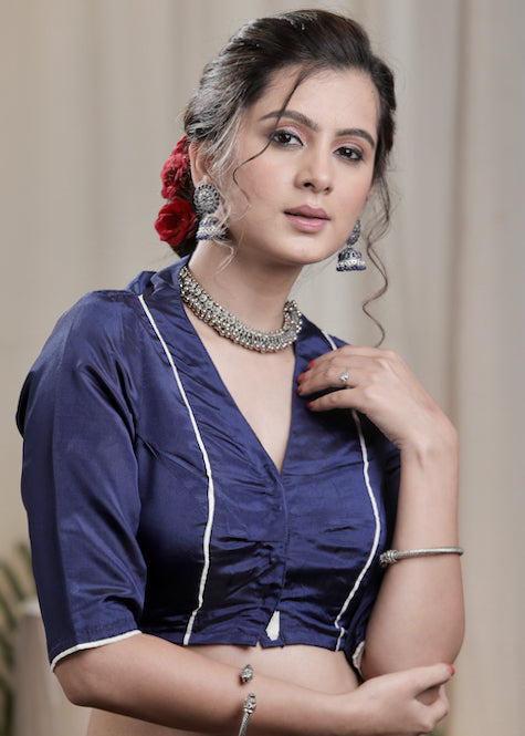 Royal Blue Crepe Designer Blouse with offwhite Piping. Lining Given