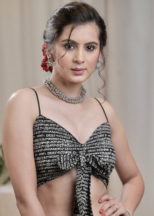 Smart and Stylish Black  Mantra Design Padded Designer Cotton Blouse with Bow and Noodle Strap