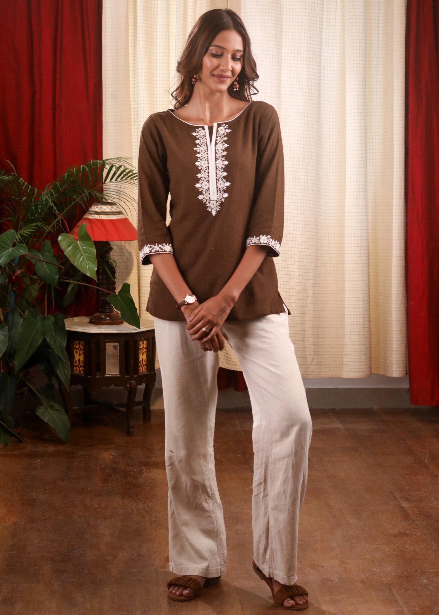Delicate White Embroidery Coffee Brown Top