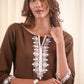 Delicate White Embroidery Coffee Brown Top
