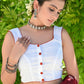 Standout White Sleeveless Blouse with Beautiful Fish Painting on the Back