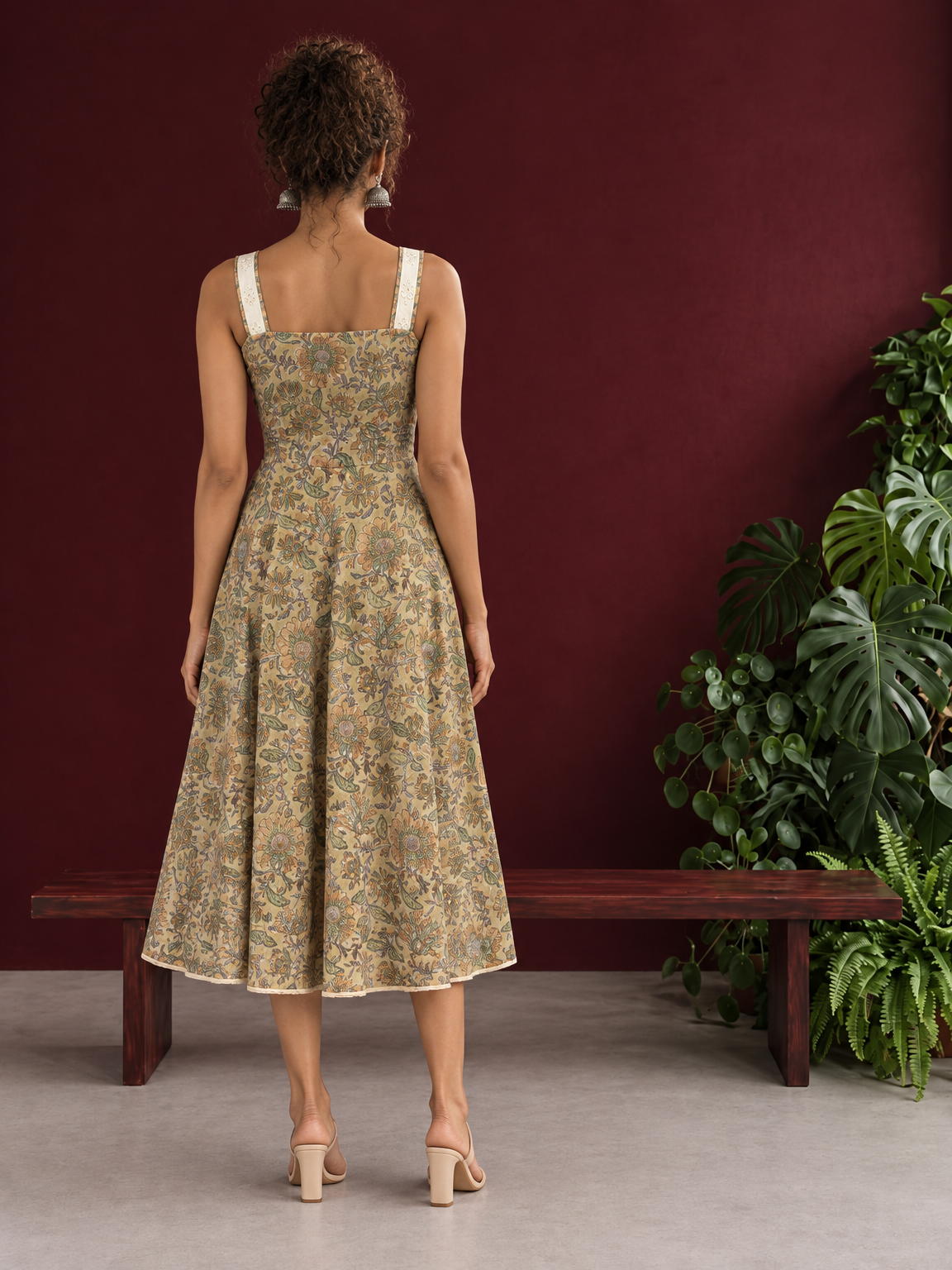 Light Yellow Floral Printed Cotton Fit & Flare Dress with Hakoba Straps and Scalloped Hem — back view