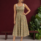 Light Yellow Floral Printed Cotton Fit & Flare Dress with Hakoba Straps and Scalloped Hem — front view