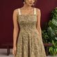 Light Yellow Floral Printed Cotton Fit & Flare Dress with Hakoba Straps and Scalloped Hem — fabric close-up