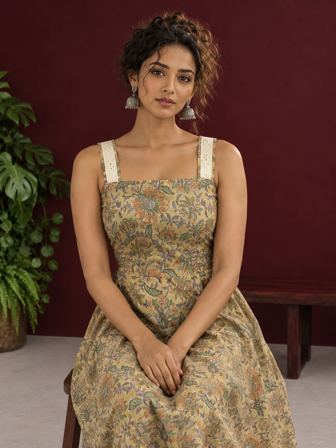Light Yellow Floral Printed Cotton Fit & Flare Dress with Hakoba Straps and Scalloped Hem — seated detail