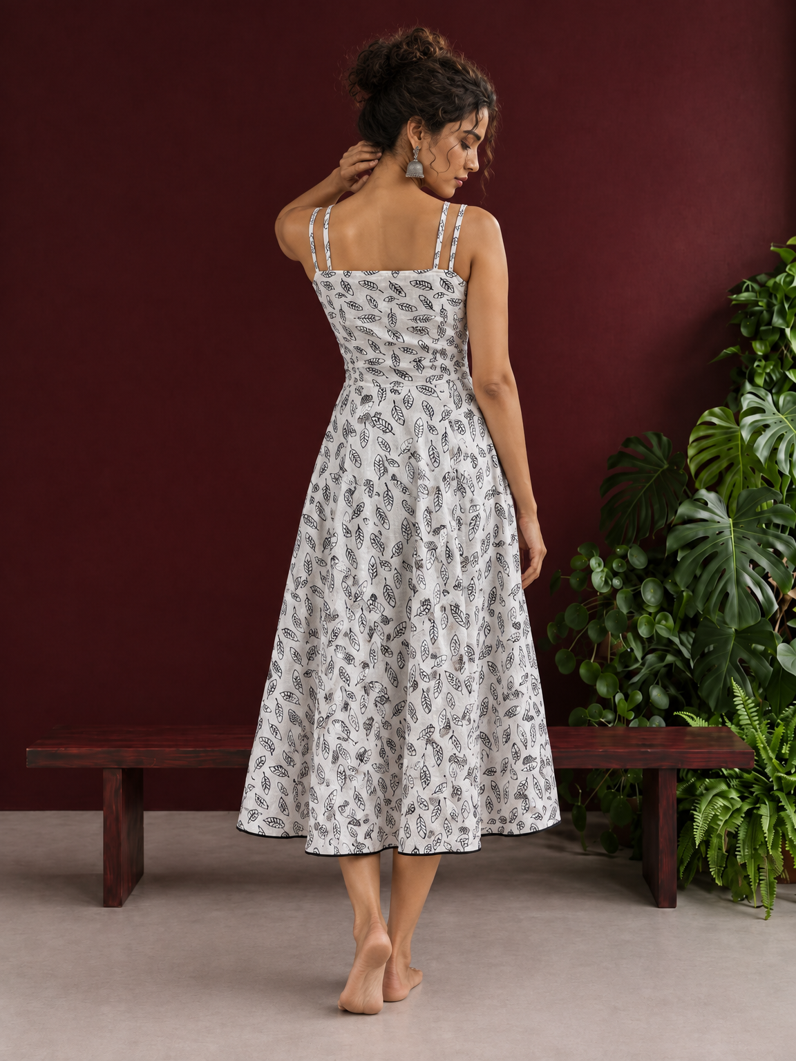 White Cotton Fit & Flare Midi Dress with Black Feather Print and Double Strap Detail — back view