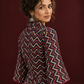 Bold Black Ajrakh Cotton Shirt Dress with Red & Beige Zigzag Print and Kantha Detailing — fabric detail