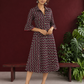 Bold Black Ajrakh Cotton Shirt Dress with Red & Beige Zigzag Print and Kantha Detailing — front view