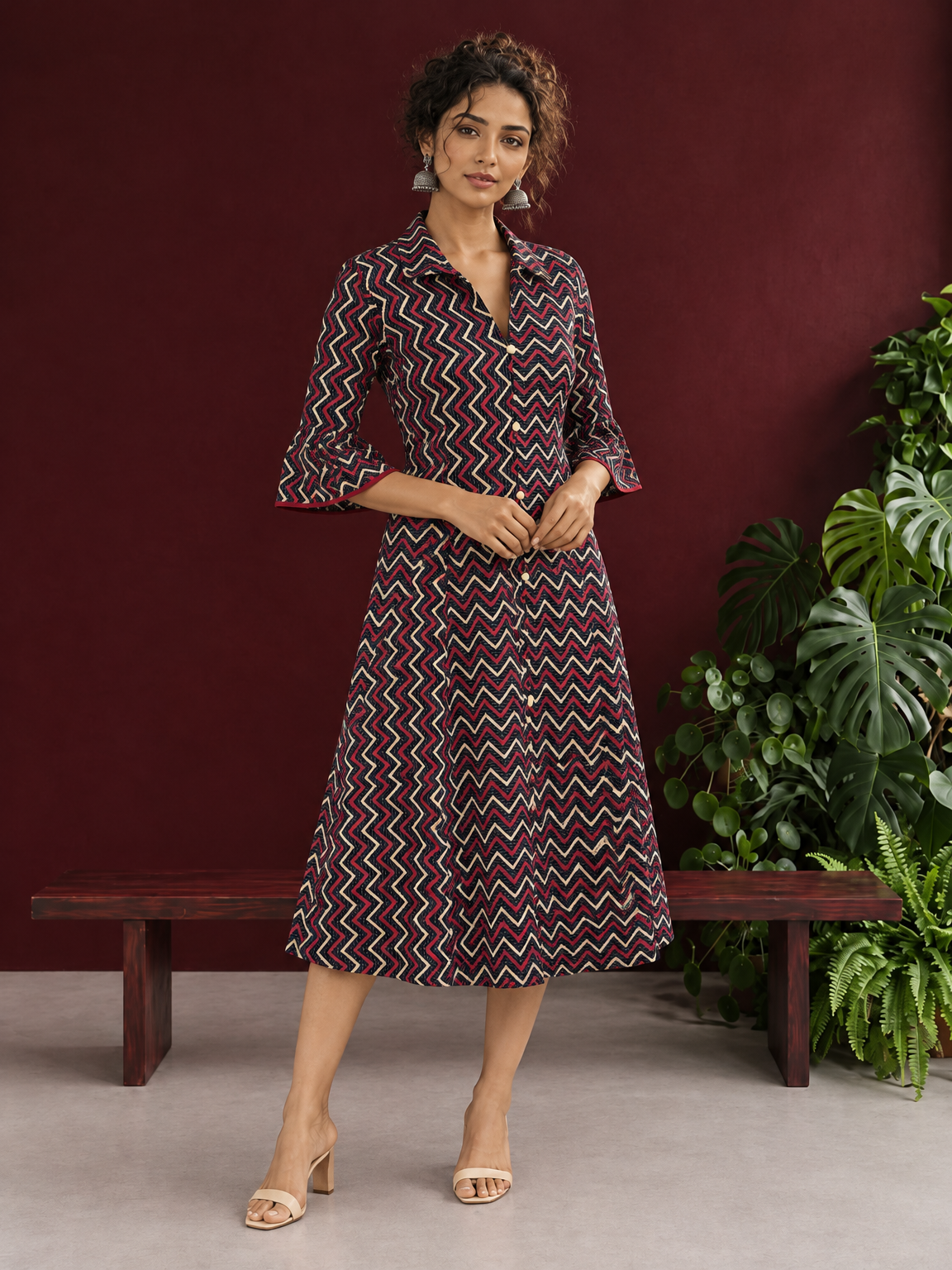 Bold Black Ajrakh Cotton Shirt Dress with Red & Beige Zigzag Print and Kantha Detailing — front view