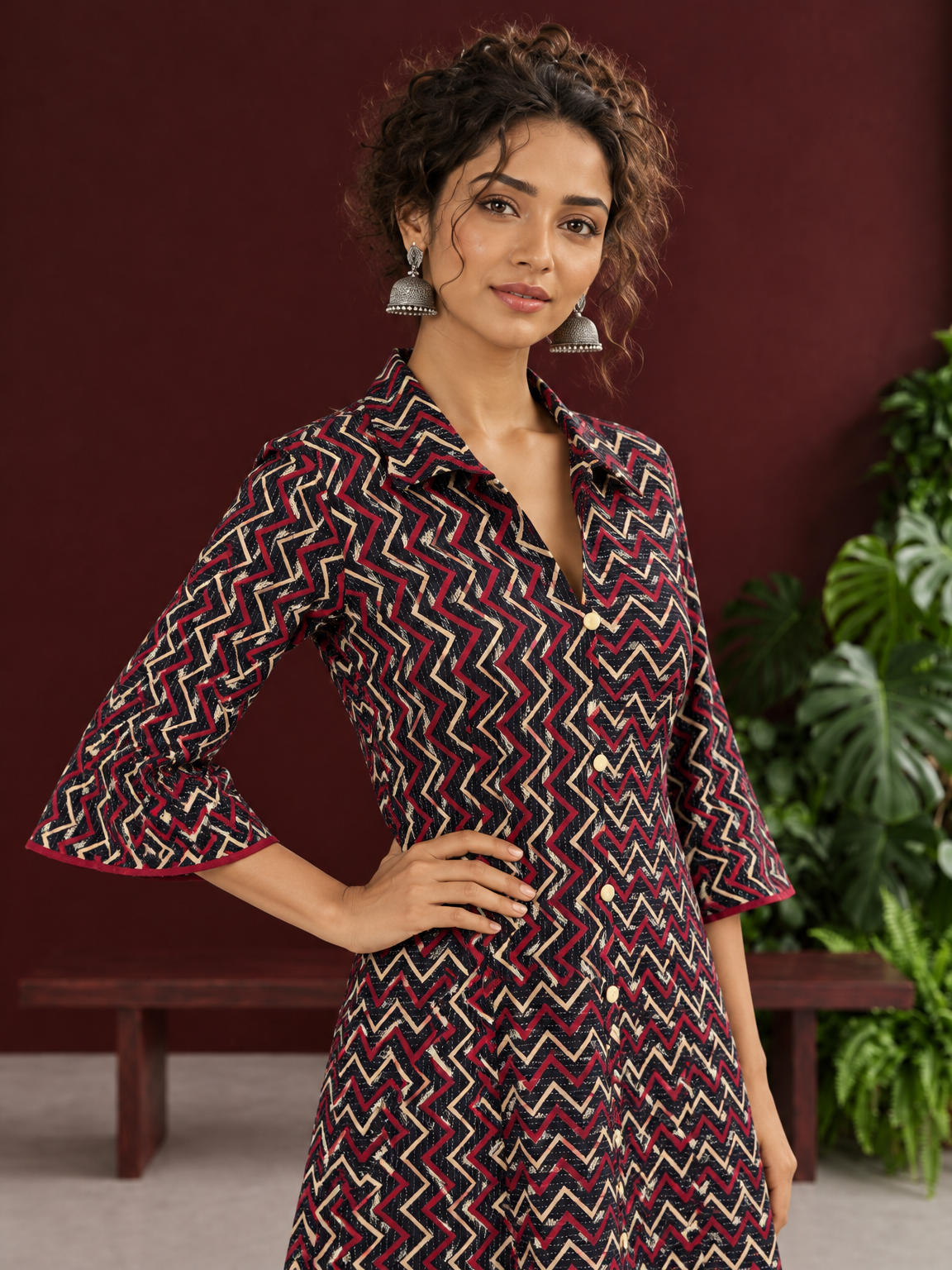 Bold Black Ajrakh Cotton Shirt Dress with Red & Beige Zigzag Print and Kantha Detailing — styled view