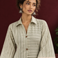 Sage Green Striped Cotton Shirt Dress with Contrast Buttons and Lace-Trimmed Cuffs — fabric detail