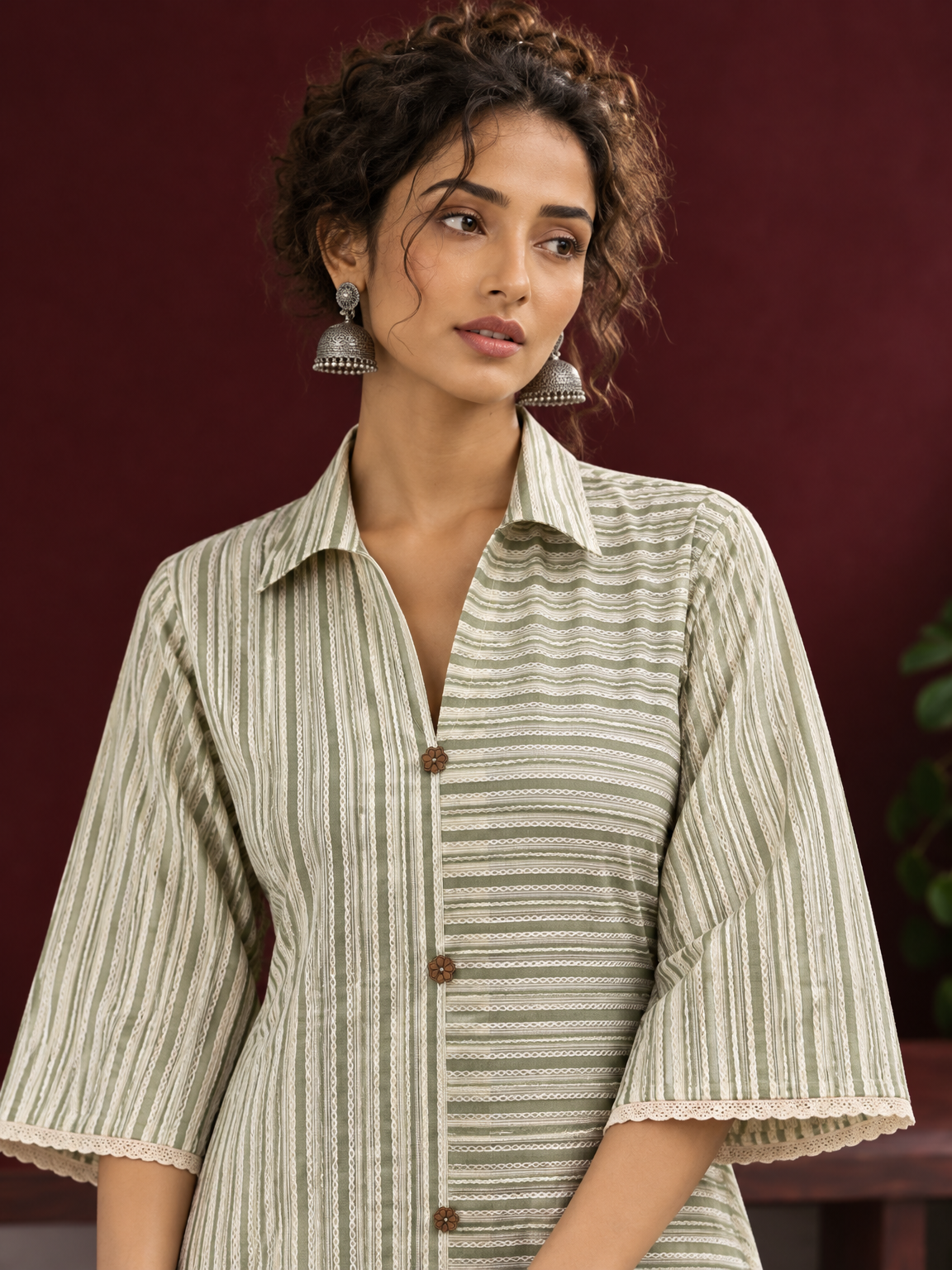 Sage Green Striped Cotton Shirt Dress with Contrast Buttons and Lace-Trimmed Cuffs — fabric detail