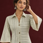 Sage Green Striped Cotton Shirt Dress with Contrast Buttons and Lace-Trimmed Cuffs — styled view