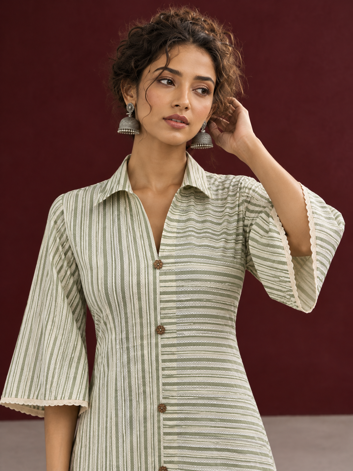 Sage Green Striped Cotton Shirt Dress with Contrast Buttons and Lace-Trimmed Cuffs — styled view