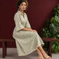 Sage Green Striped Cotton Shirt Dress with Contrast Buttons and Lace-Trimmed Cuffs — seated