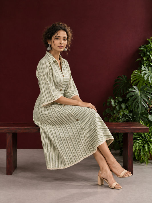 Sage Green Striped Cotton Shirt Dress with Contrast Buttons and Lace-Trimmed Cuffs — seated