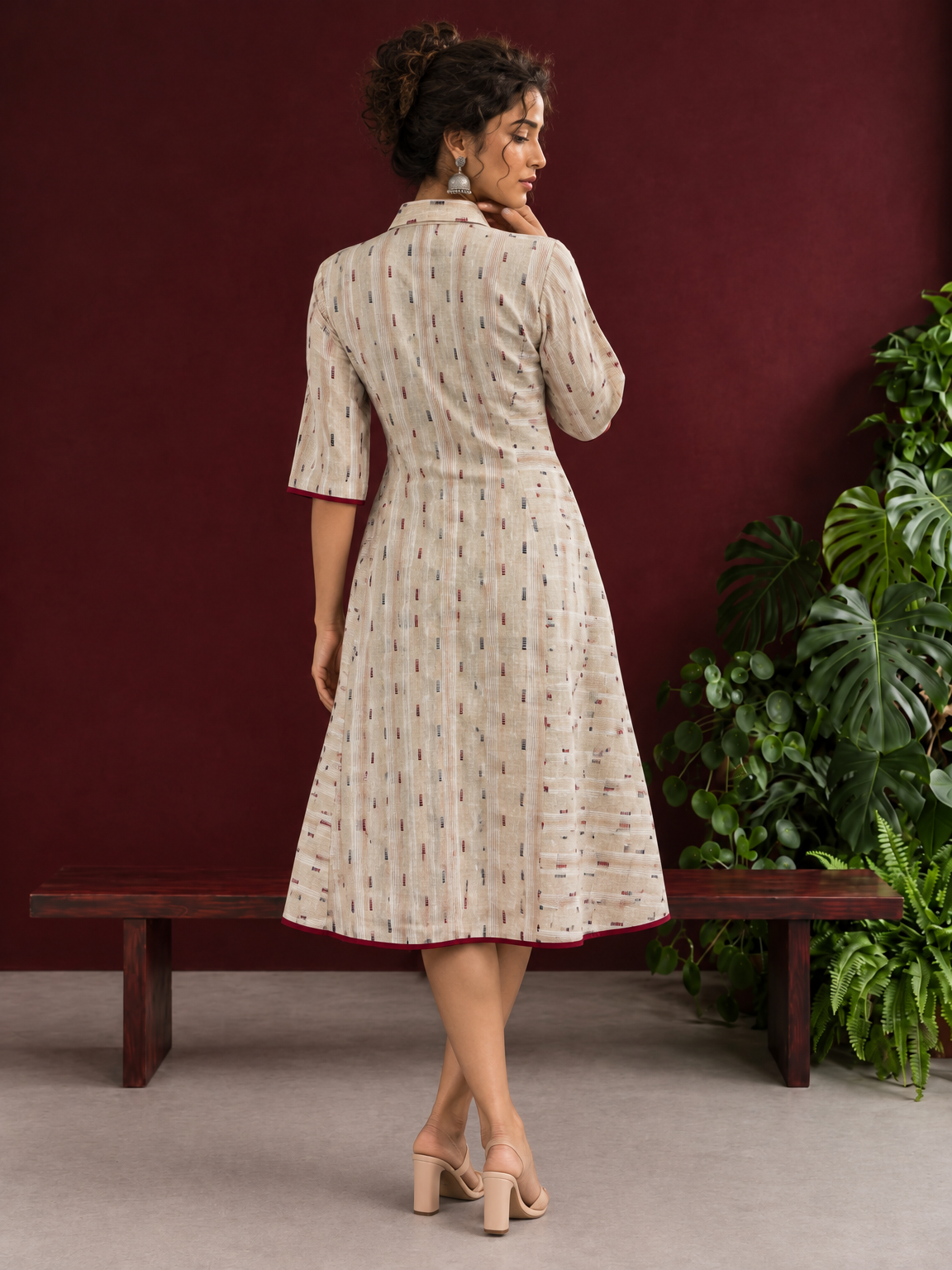 Beige Cotton Shirt Dress with Maroon Buttons & Multicolor Woven Stripe Pattern — back view