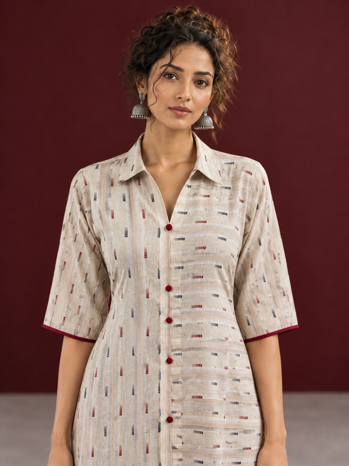 Beige Cotton Shirt Dress with Maroon Buttons & Multicolor Woven Stripe Pattern — styled view