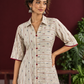 Beige Cotton Shirt Dress with Maroon Buttons & Multicolor Woven Stripe Pattern — fabric detail