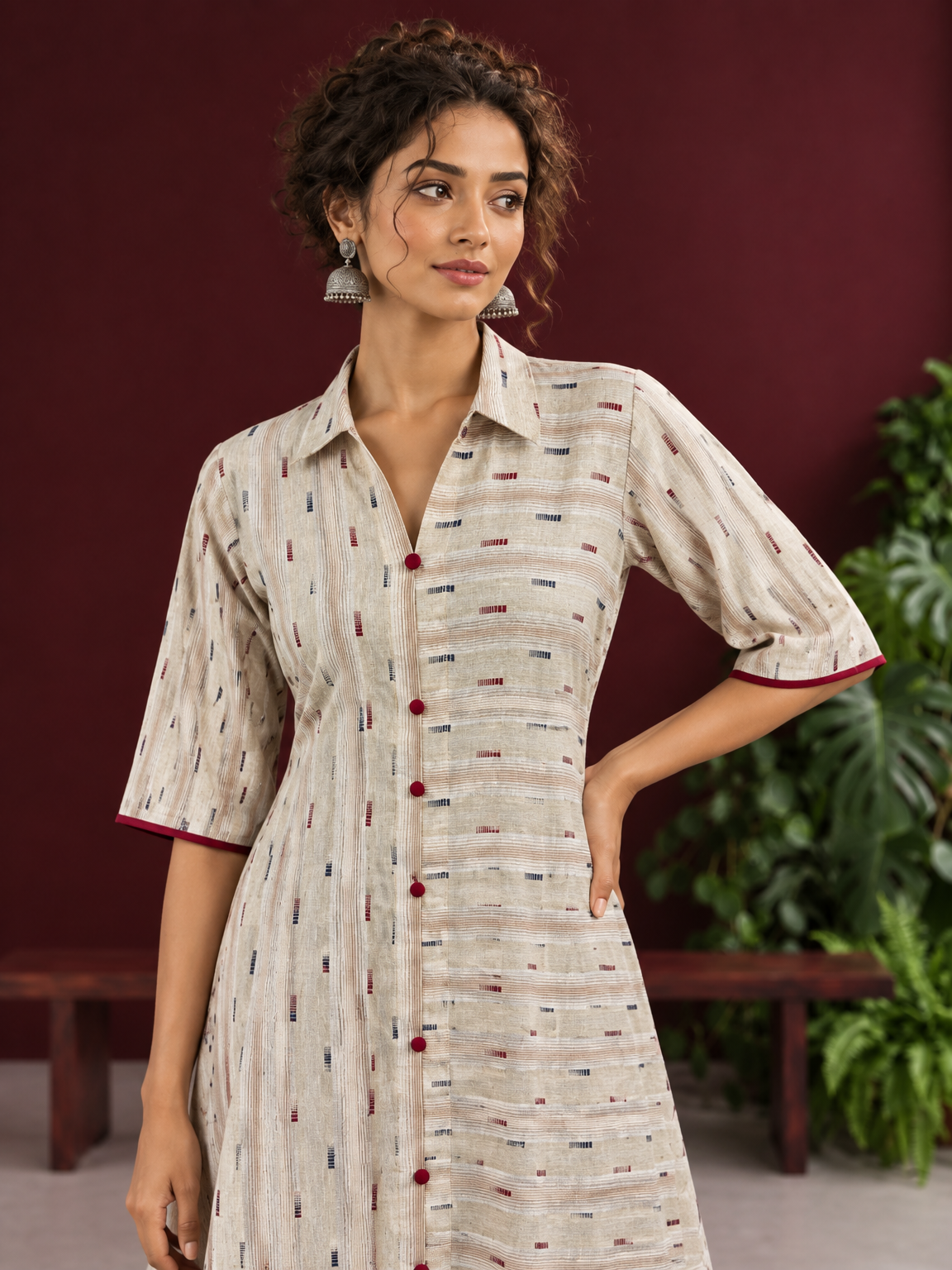 Beige Cotton Shirt Dress with Maroon Buttons & Multicolor Woven Stripe Pattern — fabric detail