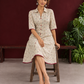 Beige Cotton Shirt Dress with Maroon Buttons & Multicolor Woven Stripe Pattern — seated