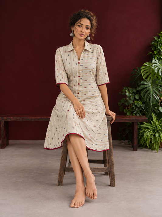 Beige Cotton Shirt Dress with Maroon Buttons & Multicolor Woven Stripe Pattern — seated
