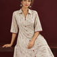Beige Cotton Shirt Dress with Maroon Buttons & Multicolor Woven Stripe Pattern — seated detail
