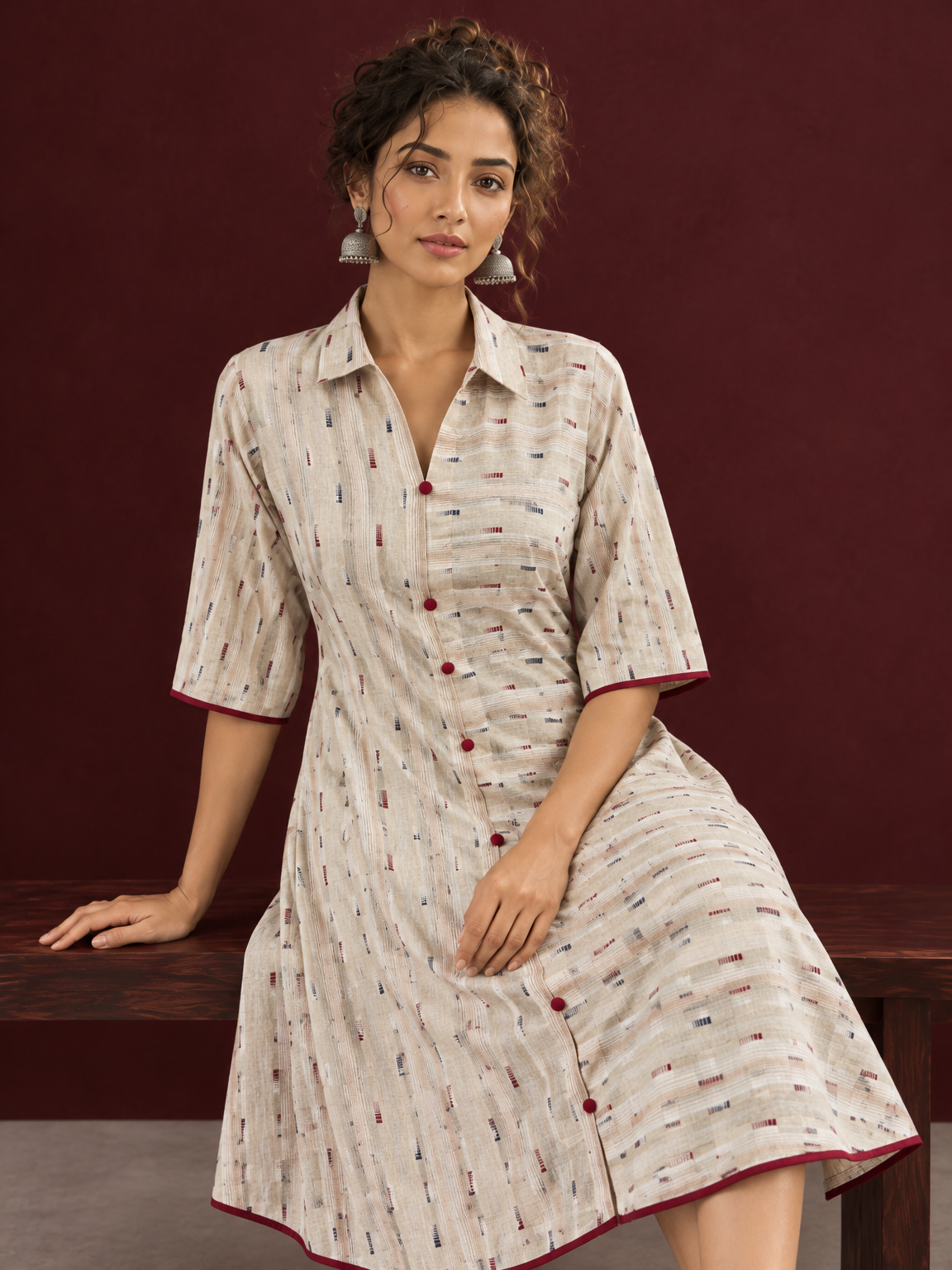 Beige Cotton Shirt Dress with Maroon Buttons & Multicolor Woven Stripe Pattern — seated detail