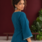 Teal Blue Cotton Dress with Abstract Print Hem Panel and Sleeve Cuffs — fabric detail