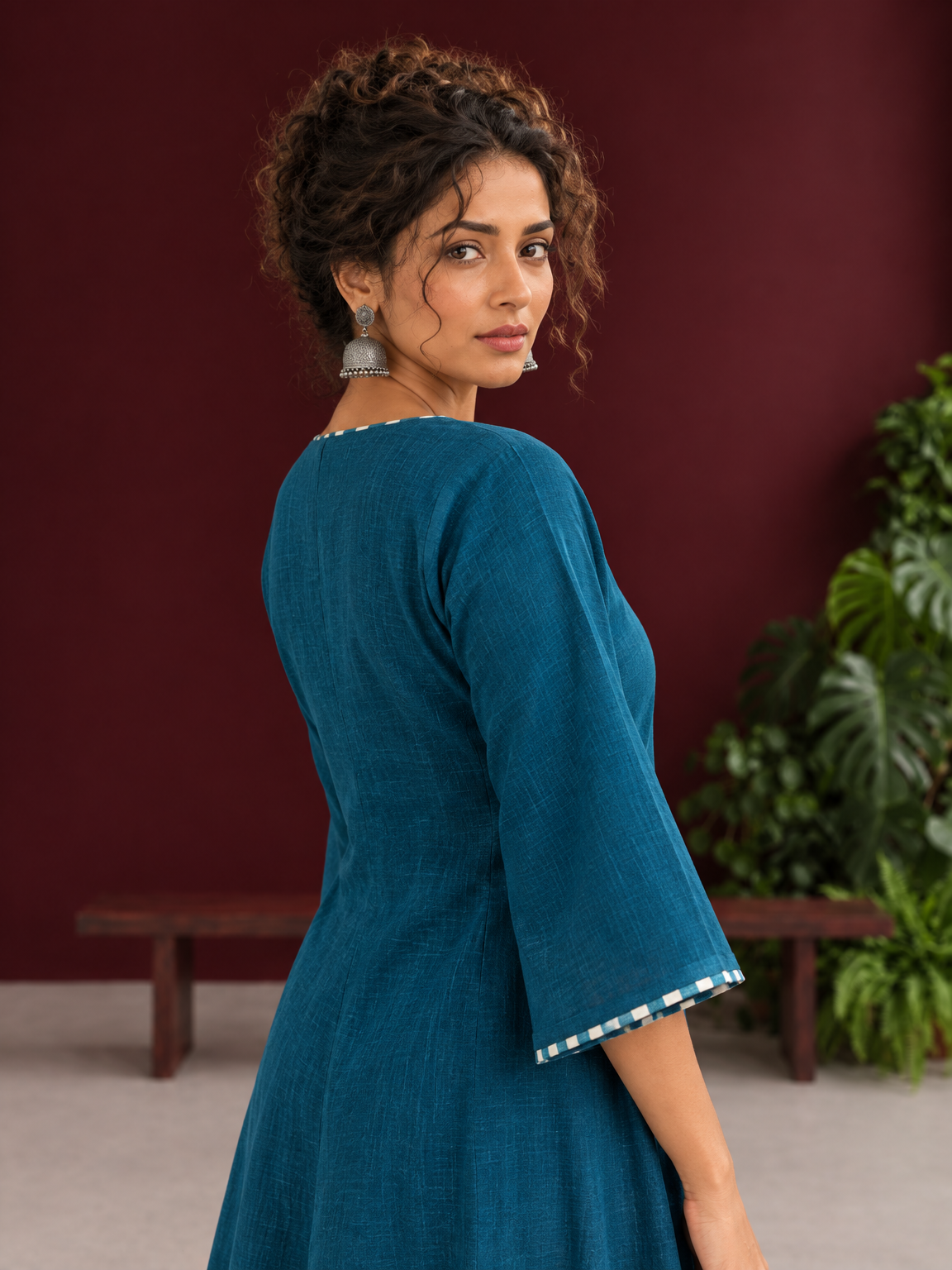 Teal Blue Cotton Dress with Abstract Print Hem Panel and Sleeve Cuffs — fabric detail