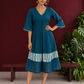 Teal Blue Cotton Dress with Abstract Print Hem Panel and Sleeve Cuffs — front view