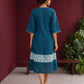 Teal Blue Cotton Dress with Abstract Print Hem Panel and Sleeve Cuffs — back view