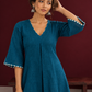 Teal Blue Cotton Dress with Abstract Print Hem Panel and Sleeve Cuffs — styled view
