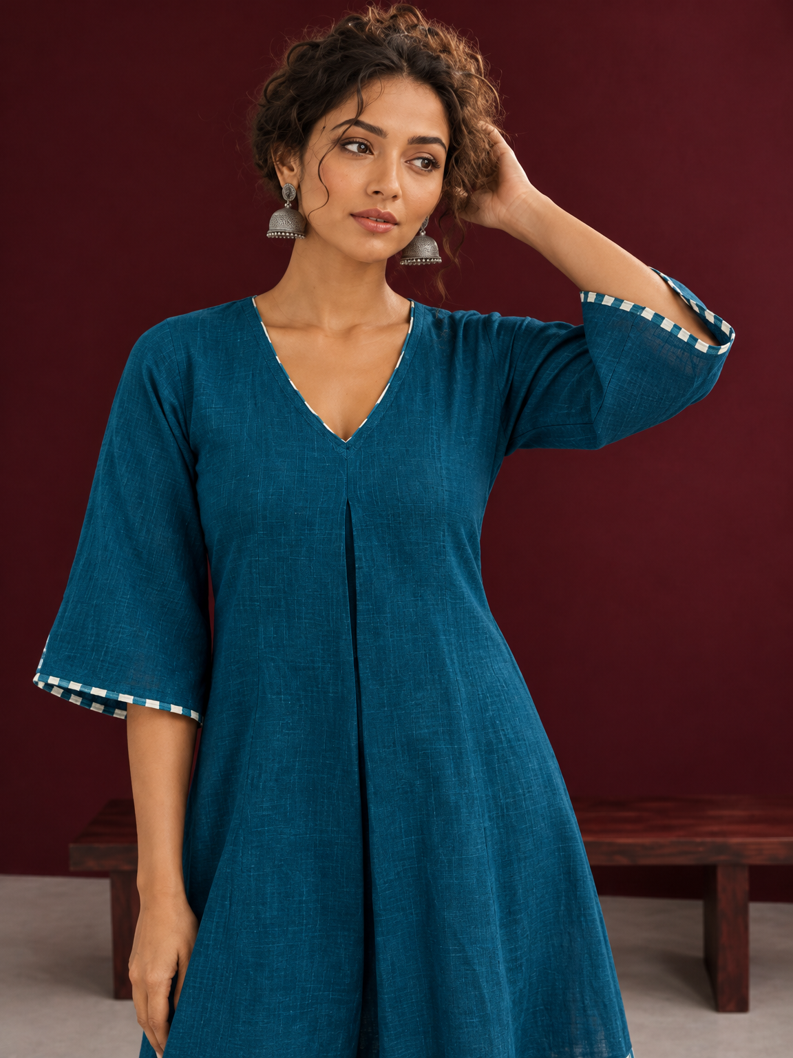 Teal Blue Cotton Dress with Abstract Print Hem Panel and Sleeve Cuffs — styled view