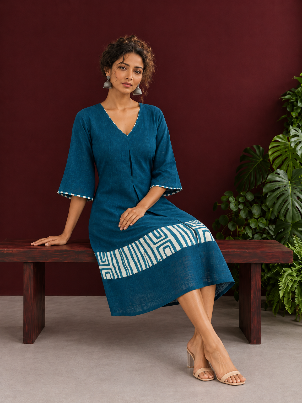 Teal Blue Cotton Dress with Abstract Print Hem Panel and Sleeve Cuffs — seated