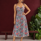 Grey Cotton Floral Printed Halter Neck Dress with Lace Trim and Shoulder Tie-Up Straps — front view