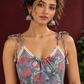 Grey Cotton Floral Printed Halter Neck Dress with Lace Trim and Shoulder Tie-Up Straps — fabric detail
