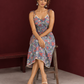 Grey Cotton Floral Printed Halter Neck Dress with Lace Trim and Shoulder Tie-Up Straps — seated