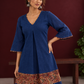 Timeless Navy Blue Cotton Dress with Kalamkari Print Hem Border & Contrast Neckline and Cuff Trim — fabric detail