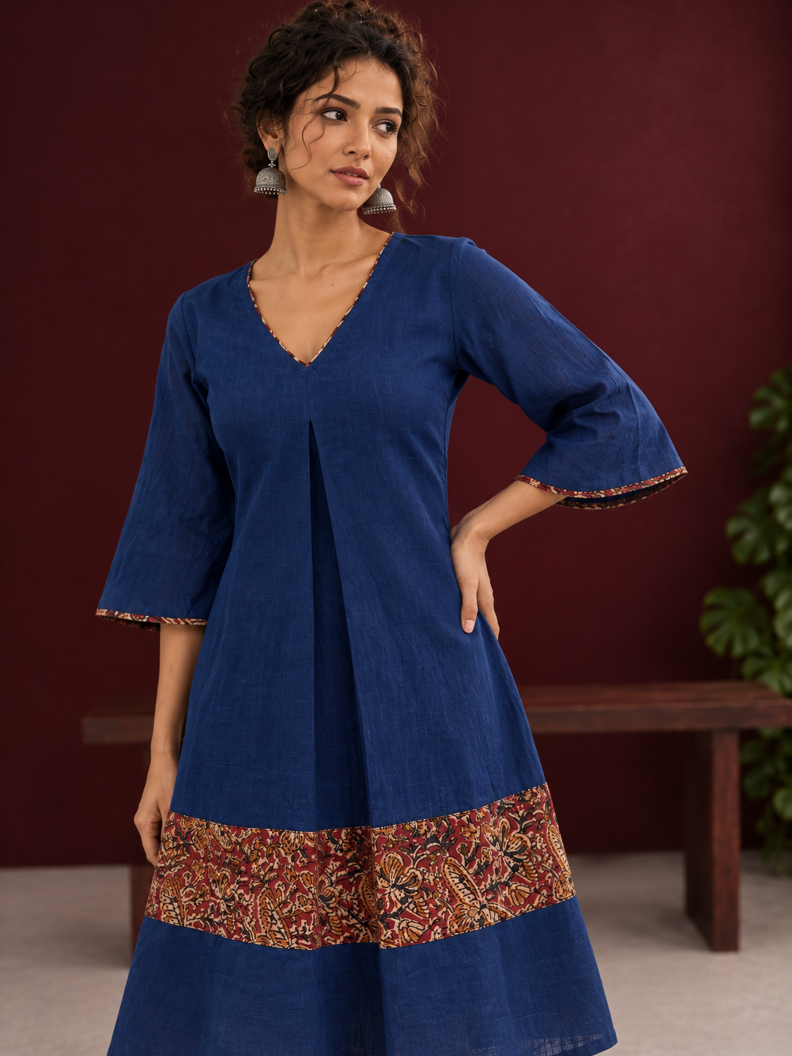 Timeless Navy Blue Cotton Dress with Kalamkari Print Hem Border & Contrast Neckline and Cuff Trim — fabric detail