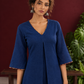 Timeless Navy Blue Cotton Dress with Kalamkari Print Hem Border & Contrast Neckline and Cuff Trim — styled view